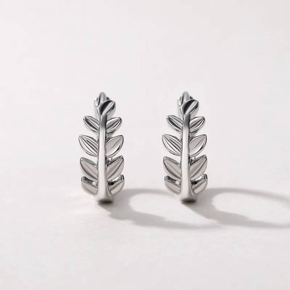 Silver Leaf Hoop Earrings - Picture 3 of 7